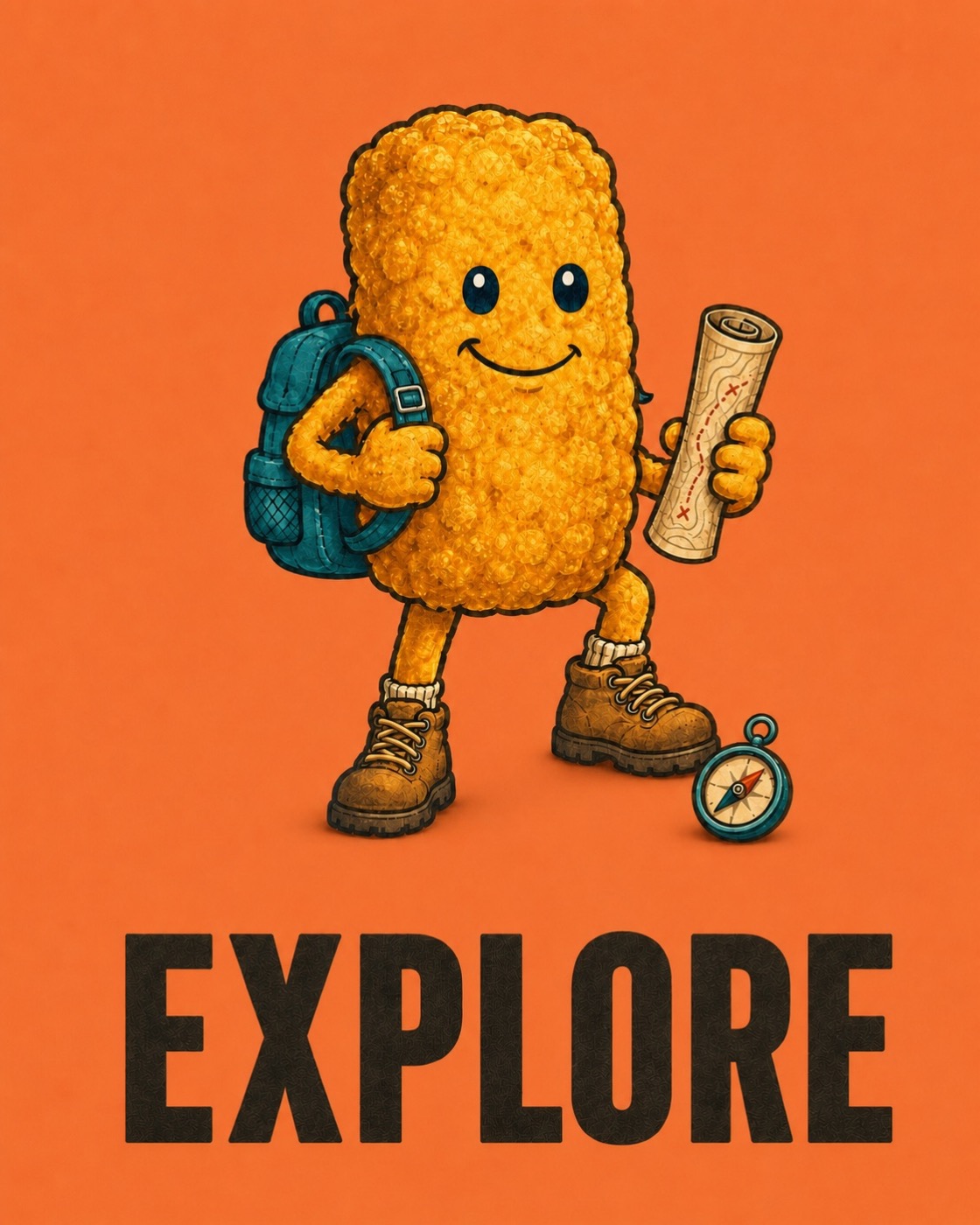 Golden tater top mascot with a backpack, map, boots, and compass on a warm orange background. Explore.