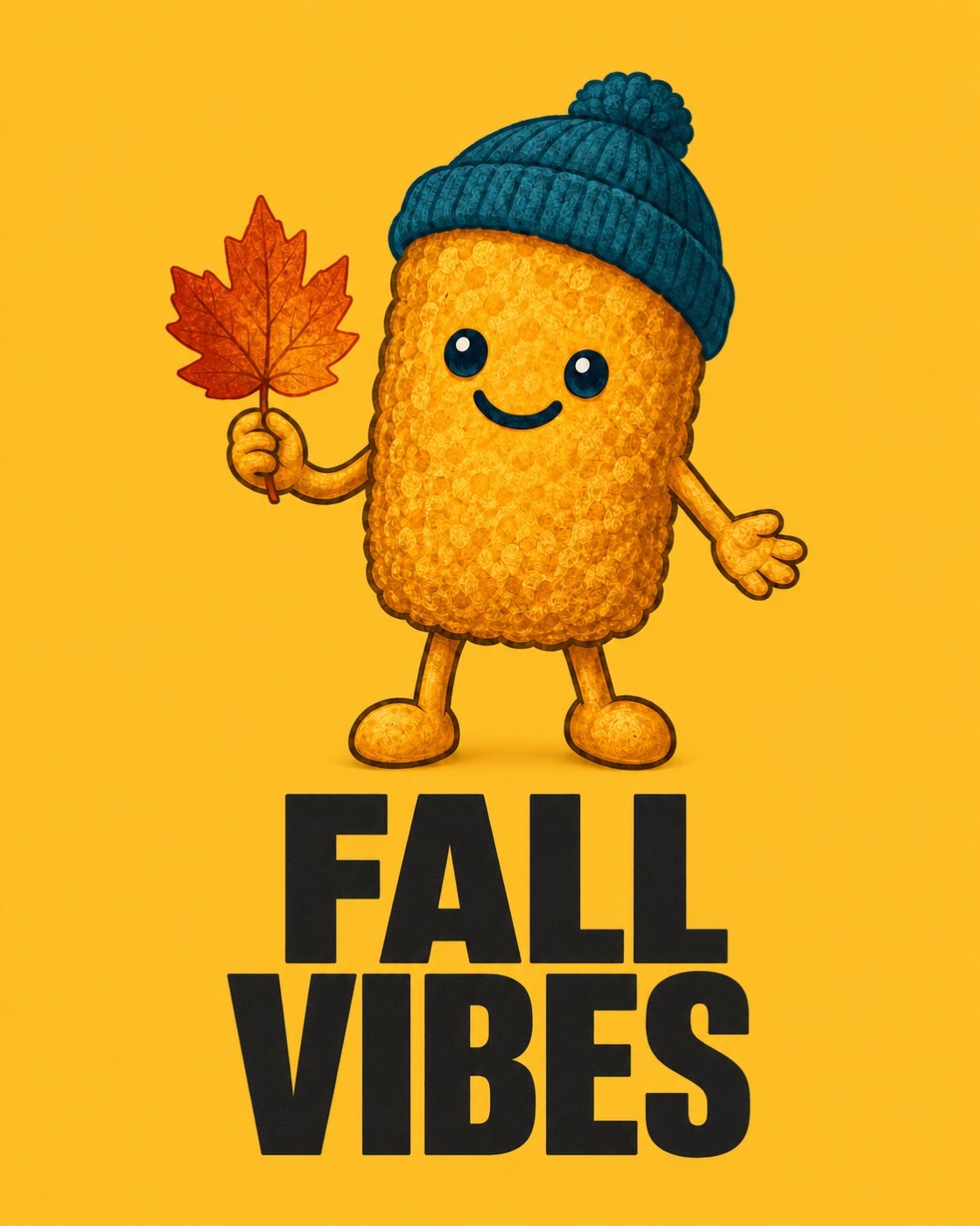 Golden tater top mascot wearing a teal knit hat and holding an autumn leaf on a warm yellow background. Fall Vibes.