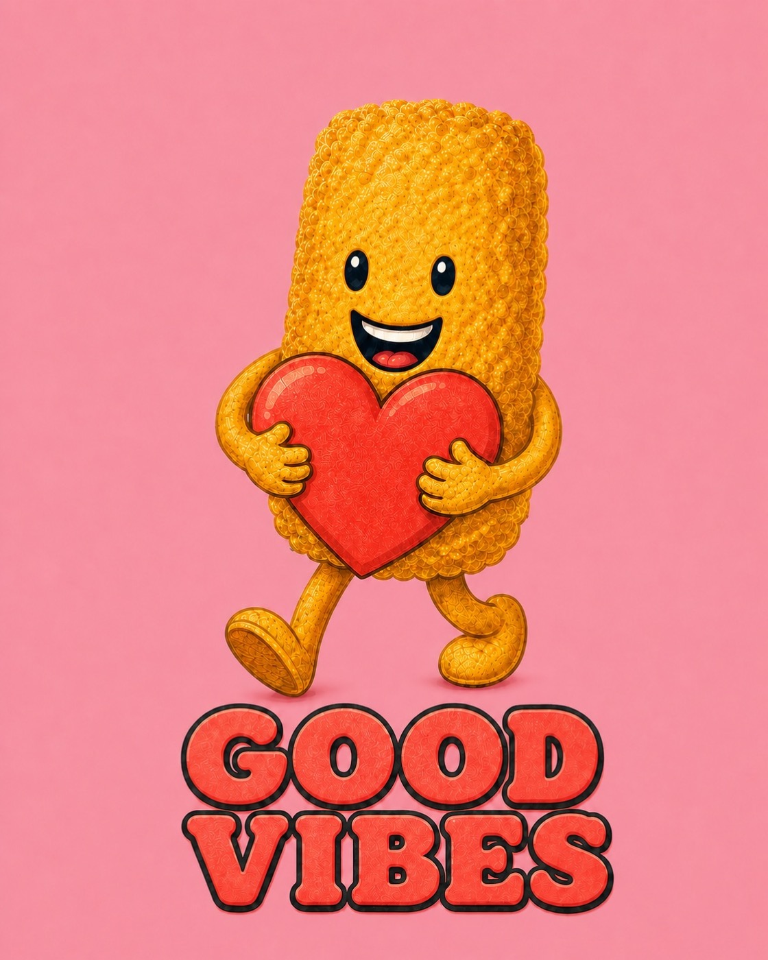 Smiling golden tater top mascot holding a red heart on a cheerful pink background. Good Vibes.