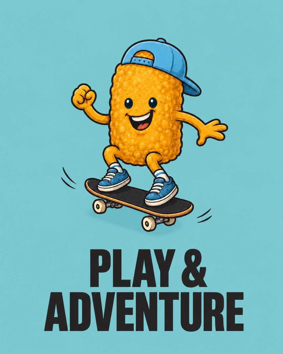 Golden tater top mascot skateboarding on a light teal background. Play and Adventure.
